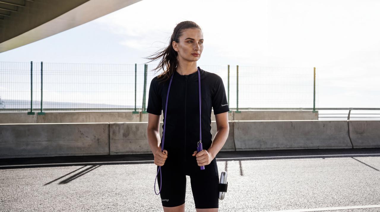 Woman wearing a Full-Body EMS Suit holding a jump rope outdoors