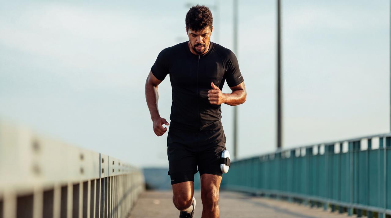 Man running outdoors in a Full-Body EMS Suit